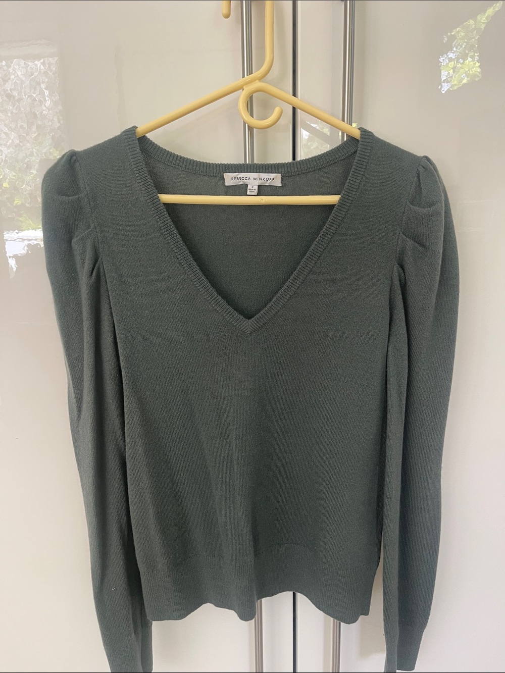 Rebecca Minkoff Forest Green V-Neck Puff Shoulder Top